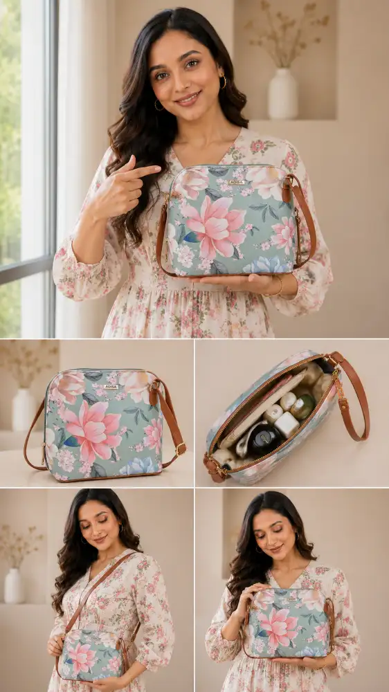 Women Girls Floral Print Faux Leather Sling Bag Back